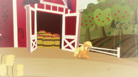 Young Applejack runs out of the barn S9E10