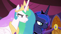 Celestia and Luna glaring at Starlight Glimmer S7E10