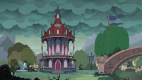 Fantasy Ponyville with storm clouds in the sky S7E23