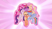 Everypony group hug inside the big pink thingy!