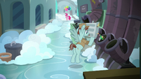 Janitor Pony throws out trash in a disposal tube S7E23