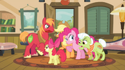 Pinkie Pie "arguing" along with the Apples S4E09