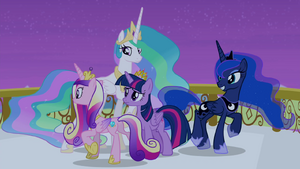 Celestia, Luna, and Cadance circling around Twilight S4E25