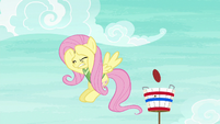 Fluttershy cowers under the flying softball S6E18