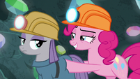 Pinkie pushes Maud toward the cave entrance S7E4