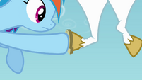 Rainbow inserts horseshoe onto Bulk's hoof S4E10