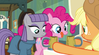 AJ giving Maud and Pinkie each a cup of cider S4E18