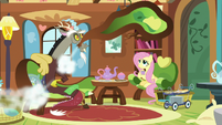 Deflating chair whizzes around Fluttershy and Discord S7E12