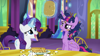 Rarity removes pancake from Twilight's horn S5E3