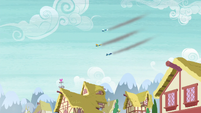 The Wonderbolts flying over Ponyville S6E7