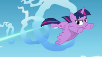 Twilight flies through cloud ring while magic beam is targeted at her S5E26