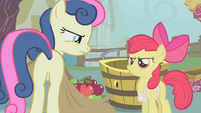 Apple Bloom fills Sweetie Drops's bags with apples S1E12