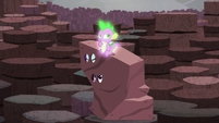 Spike sitting on Rarity and Twilight's rock costume S6E5