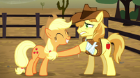 Applejack hoof-bumps Braeburn S5E6