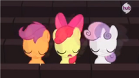 "Hiding from a bully, we know it isn't right, but the Cutie Mark Crusaders, we aren't looking for a fight..."