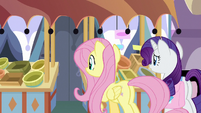 Fluttershy and Rarity in front of fruit stand S9E24