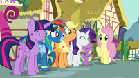 Main ponies and Spike happy and relieved S8E18