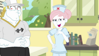 Nurse Redheart greeting Sunset and Trixie EGFF