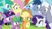Ponies shocked about Applejack's question S5E24