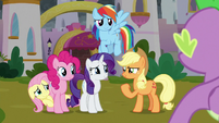 Applejack rallying her pony friends S9E25