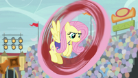 Fluttershy winding up for a tail toss S9E6