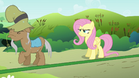 Mr. Greenhooves backing up to Fluttershy S2E19
