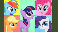 Rainbow, Applejack, Twilight, Pinkie and Rarity talk to each other on-screen S2E1