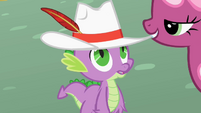 Cheerilee gives Spike a pimp hat.