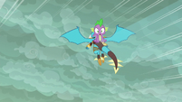 Ember flying with Spike on her back S6E5