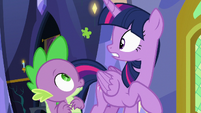 Twilight and Spike look at stain on the wall S7E3