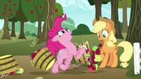 Pinkie knocks over Applejack's baskets as she runs through S7E11