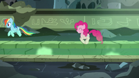 Rainbow and Pinkie Pie bounce across the chasm S7E18