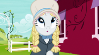 Rarity wearing a wig and bonnet S7E19