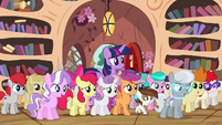 Twilight with crowd of Ponyville foals S4E15
