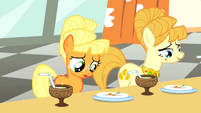 Applejack looks very disappointed about her dinner.