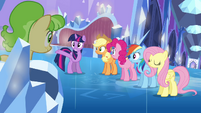 Main ponies and Peachbottom in the castle S03E12