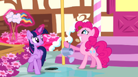 Pinkie Pie grinning while Twilight is about to walk away S4E12