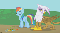 Gilda not liking Pinkie Pie's laughing.