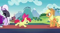 Apple Bloom runs up to Applejack S5E24