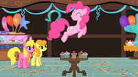 Pinkie, hopping over a table.