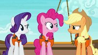 Rarity, Pinkie, and AJ looking skeptical S6E22