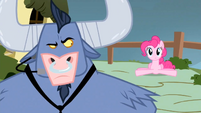 Pinkie and Iron Will arguing about when Iron Will should come back.