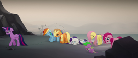 Mane Six and Spike step onto the beach MLPTM