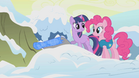 Pinkie Pie and Twilight looking at lake map S1E11