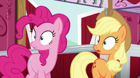 Pinkie and AJ hears Rutherford's loud voice S5E11