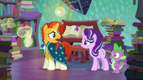 Sunburst says he wants to help while cleaning his glasses S6E2