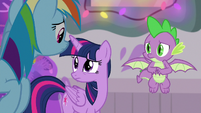Twilight, Dash, and Spike look at each other S8E16