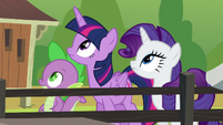 Twilight, Rarity, and Spike looking up S6E10