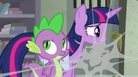 Twilight and Spike in cobweb-filled corridor S9E5