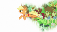 Applejack hopping across a white screen S9E26